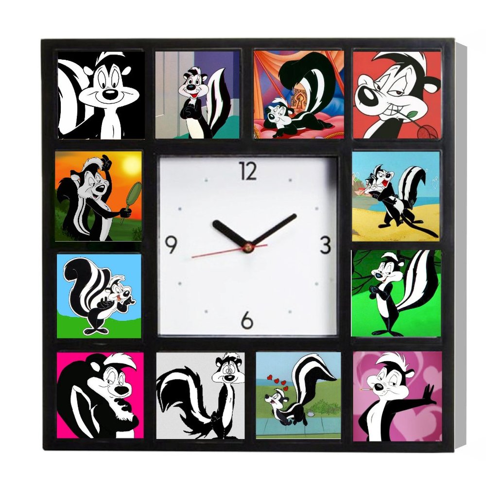 Pepe Le Pew Skunk Big Square Clock with 12 pictures